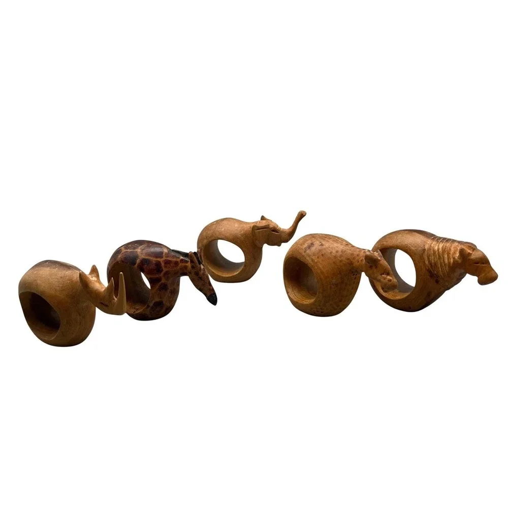 Lot 5 African Safari Animal Napkin Wooden Ring Holder Handmade Fair‎ Trade